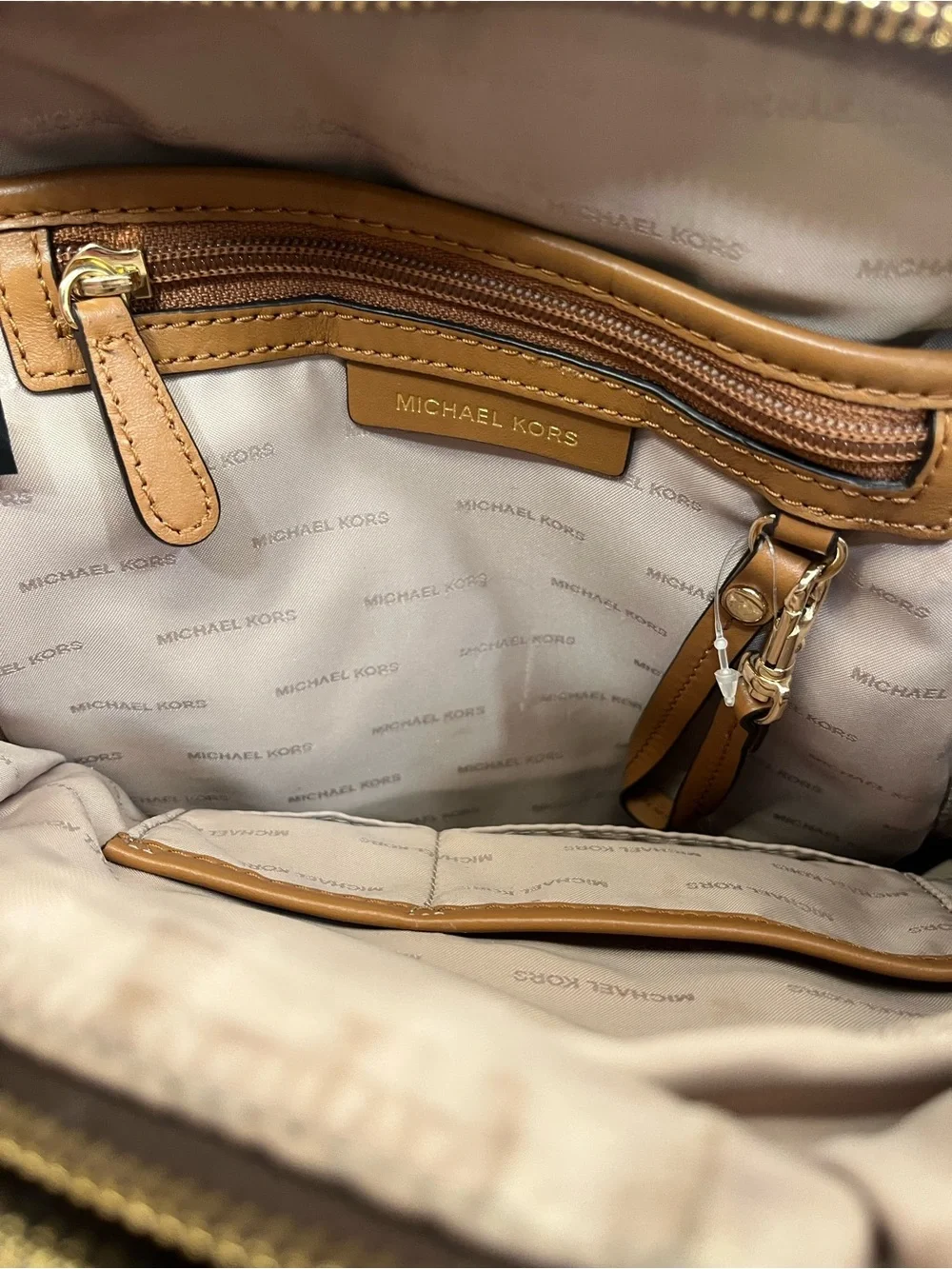 Michael Kors Brown MK Signature Logo Backpack Tan Gold Hardware